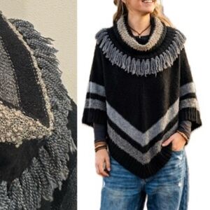 Wool Blend Poncho Sweater Black Striped Nubby Fringe Boho Cowl Neck One Size